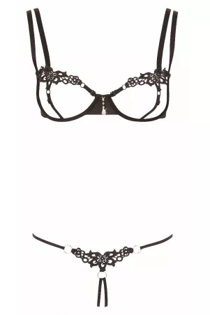 Ensemble dentelle string ouvert et seins nus noir - Cottelli Lingerie