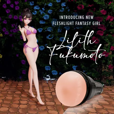 Fleshlight Lilith Fukumoto – personnage tenant le produit avec signature
