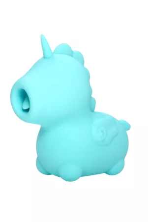 Vue de profil du vibromasseur Mount’n Peak Unihorn au design licorne turquoise