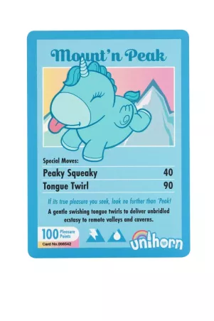 Carte à collectionner Mount’n Peak Unihorn, design licorne bleu pastel et dorures