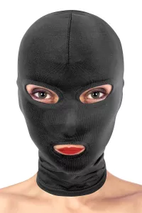 Cappuccio BDSM nero Fetish Tentation – vista frontale con aperture occhi e bocca