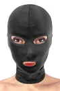 Cappuccio BDSM nero Fetish Tentation – vista frontale con aperture occhi e bocca