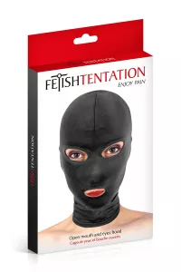 BDSM-Kapuze Schwarz Fetish Tentation – Frontansicht mit Augen- und Mundöffnungen 2