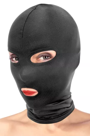Cagoule BDSM noire Fetish Tentation – vue de profil, matière Spandex extensible