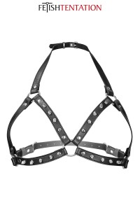 harnais de poitrine BDSM femme en simili cuir noir Fetish Tentation sur fond blanc