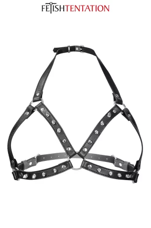 harness petto BDSM donna in similpelle nera Fetish Tentation su sfondo bianco